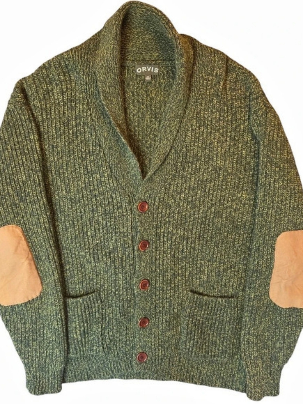 Orvis XXL Green Marl Fisherman Rib Shawl Cardigan with Elbow Patches Wool Knit